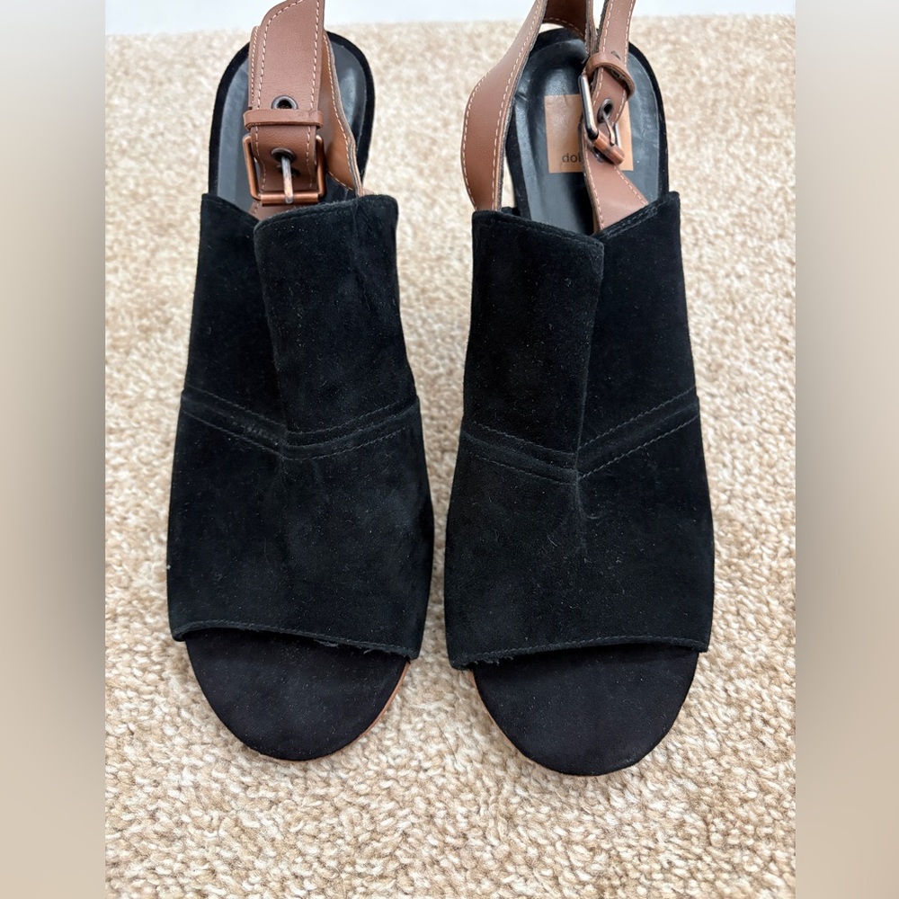 Dolce Vita Black Suede Slingback Peep Toe Mule Heels Y2K Style Boho - Picture 2 of 8